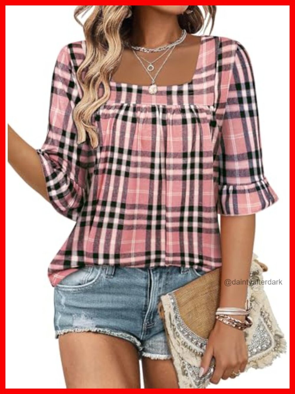 Square Neck Ruffle Sleeve Plaid Tunic Blouse 3/4 Sleeve Ruched Knit